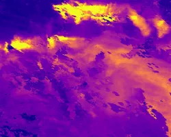 Aerosol optical depth concentration from MODIS, captured on August 16, 2020, during the fire season. Dark purples hues indicate normal atmospheric conditions, while orange and yellow hues show high concentrations of aerosols, suggesting the presence of smoke and particulate matter following a fire event. MODIS aerosol optical depth can be used as a proxy for PM2.5 pollution, increasing decision makers’ capacities to monitor and address the negative effects of wildfire smoke plumes on residential areas.