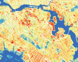 Urban heat island effect in New York City, New York calculated using Landsat 8 TIRS imagery from May 2020-21. Red and orange areas depict where the effect is most severe and bus routes are overlayed in white. Areas where bus routes intersect with high heat exposure can be prioritized for bus shelters and community engagement. 