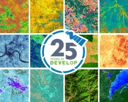 DEVELOP Day Banner image of gridded remote sensing pictures with the DEVELOP anniversary logo in the center