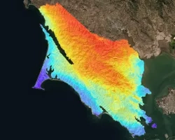 This is a visualization of ECOSTRESS’ Evaporative Stress Index in Marin County, CA. The data is an average of summer months from 2018 – 2022. Scores closer to 0, or red/orange areas, indicate plants are in stress, meaning they are not meeting their potential evapotranspiration, while scores closer to 1, or blue areas, indicate plants are thriving and closer to reaching potential evapotranspiration.