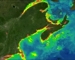 Chlorophyll-a imagery from Aqua MODIS for March 2022 in the Gulf of Maine. Simulated PACE OCI data are derived from Aqua MODIS. Areas in red have a high chlorophyll-a concentration, meaning that the water is high in nutrients such as nitrogen and phosphorus, which cause algae to grow. Areas in blue have a low chlorophyll-a concentration, so the conditions are not present for harmful algal blooms. 