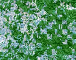 Magnitude of largest model break in Continuous Change Detection Algorithm harmonic regression model, indicative of clearcut logging in the Oregon coast range forests. Imagery from Landsat 4-5 TM, Landsat 7 ETM+, and Landsat 8-9 OLI from across the study period 2000-2021 over standard hill shade. Patches of blue show clear cut areas with lavender then yellow indicating higher magnitude. Green areas represent forests untouched during the study period. 
