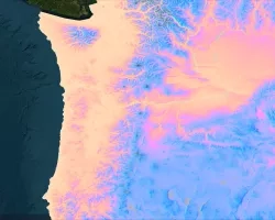 Average aerosol optical depth (AOD) for the months of May and June in 2015  in Oregon and Washington, derived from MODIS data. Orange represents higher aerosol concentrations whereas purple represents areas with lower aerosol concentrations. The AOD averages show higher observed AOD along the coasts of Oregon and Washington.