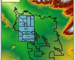 Study area and percent poverty by census tract. The zip code and Tucson boundary are from Pima County GIS.