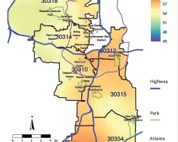 This example map from Hang’s project indicates MODIS land surface temperature over selected underserved communities in Atlanta in early 2005. This map was co-designed by residents from those communities that are concerned about the seasonal change of extreme weather, air pollution, accessibility to green space such as parks and Atlanta BeltLine. (Credits: Ethan Li and Yun Hang, Emory University)