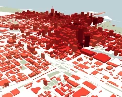 Illustration of refining the climate data to communities where it matters. This animation shows our climate downscaled data using machine learning algorithms at 250 m resolution. Our e-JUST framework will use such 3-D representation of urban communities. 