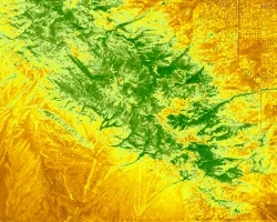 NDVI map calculated from an April 2023, Landsat-8 OLI image of Coronado National Memorial and the surrounding area. The shades of green represent current vegetation, while areas in bright yellow and dark orange represent areas with little to no vegetation. By selecting an image during the dry season, the map highlights the unique ecosystem of sky islands which is characterized by changing vegetation at different elevations.