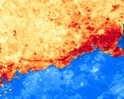 Mean surface temperature of the Greater Bridgeport coast in Connecticut. Calculated from Landsat 8 TIRS and Landsat 9 TIRS-2 imagery from June to September for each year from 2013 to 2023. Dark red represents high land surface temperature and will inform the locations of cooling interventions for Groundwork Bridgeport’s Cool Corridors project. Yellow represents a more moderate land surface temperature, whereas dark and light blues represent high and moderate sea surface temperatures respectively.