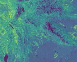 NDVI-processed imagery from Landsat 8 OLI data. This composite image of the Bridger-Teton National Forest and surrounding areas was taken over the Summer of 2023. Shades of yellow and light green indicate health vegetated land surface, while darker blue areas show water and alpine ridges. Areas of lower NDVI are prone to higher fire risk and are therefore of interest to pre-fire management practices.