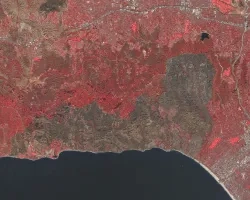 Sentinel-2A color infrared satellite imagery of the Paiisades fire in Malibu, CA, from Jan. 12, 2025.