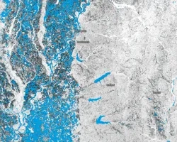 Satellite map of surface water extents in the central U.S., with water shown in blue and land in white.