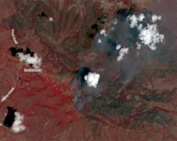 This Planet Scope imagery shows the burned area from the Trout Fire, one of the ongoing wildfires in New Mexico. This Color Infrared composite was created on June 20, 2025, using the near-infrared, red, and green channels, allowing for the ability to see areas where vegetation has been damaged by fire. The near-infrared capability provides the ability to see through thin clouds. Healthy vegetation is shown as red, water is in blue, and burn scars appear black or brown.