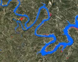 Map of UAVSAR data showing likely flooded regions around Lake Travis, Texas. 