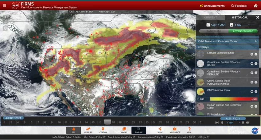screenshot of a website showing fire data as well as aerosols and clouds in the air via satellite data