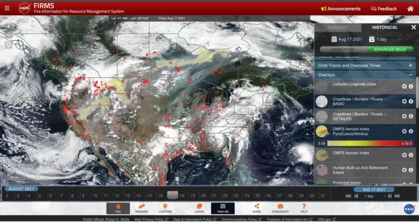 screenshot of a website showing fire, clouds, aerosols and AI data