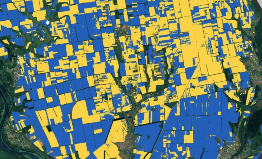 a blue and yellow colorized satellite image showing planted and planned crops in Ukraine