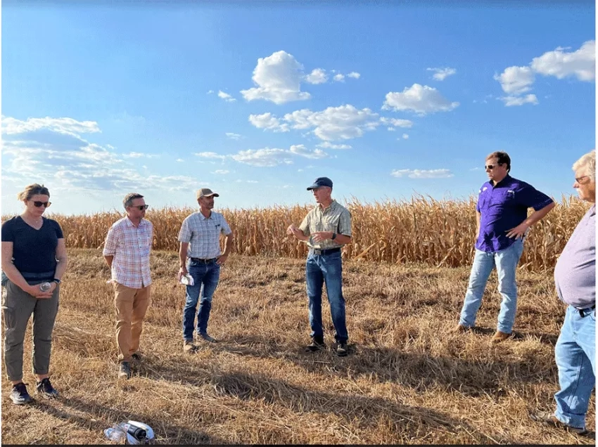NASA Harvest’s Alyssa Whitcraft; NASA’s Chris Hain, Forest Melton, and Brad Doorn: member of the Flickner family, and Ray Flickner at Flickner Farms in Moundridge, Kansas. Credits: NASA