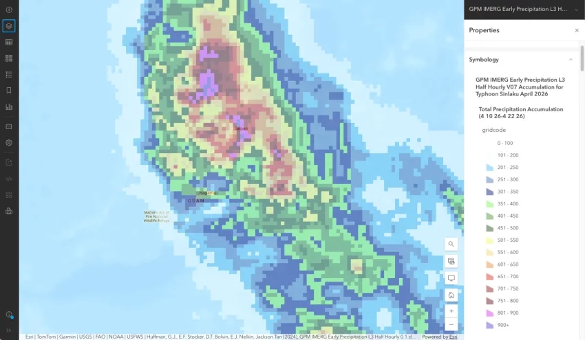 Screenshot of the NASA Disasters PORTAL showing IMERG rainfall data from Sinlaku.