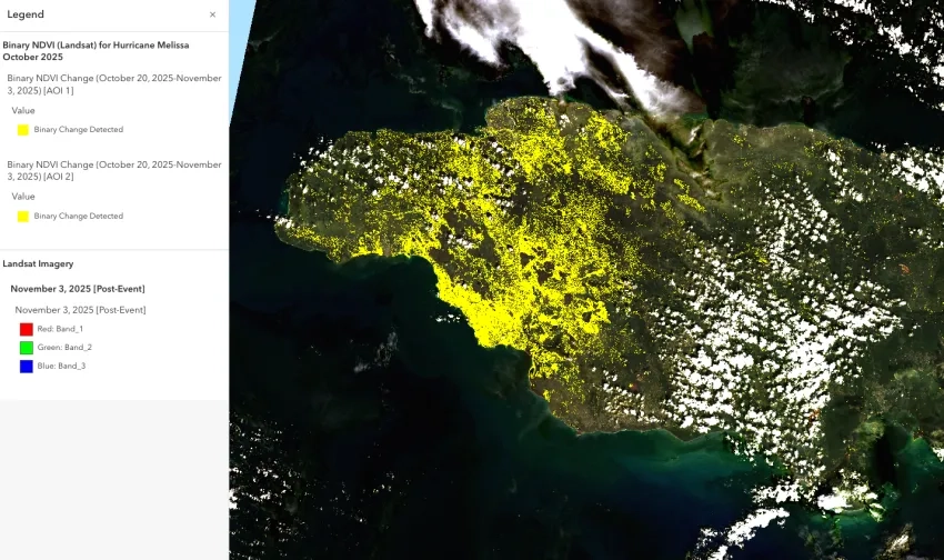 Satellite map showing change in vegetation in Jamaica from Hurricane Melissa.