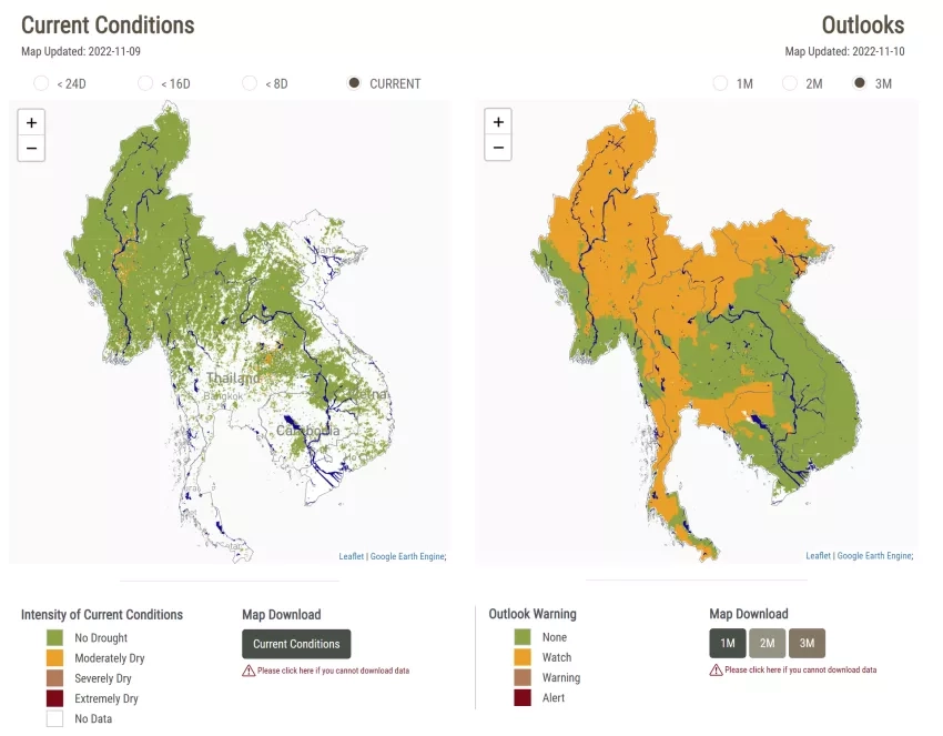 A screenshot of the Mekong Drought and Crop Watch tool shows the user a map of current drought conditions as well as a three-month forecast