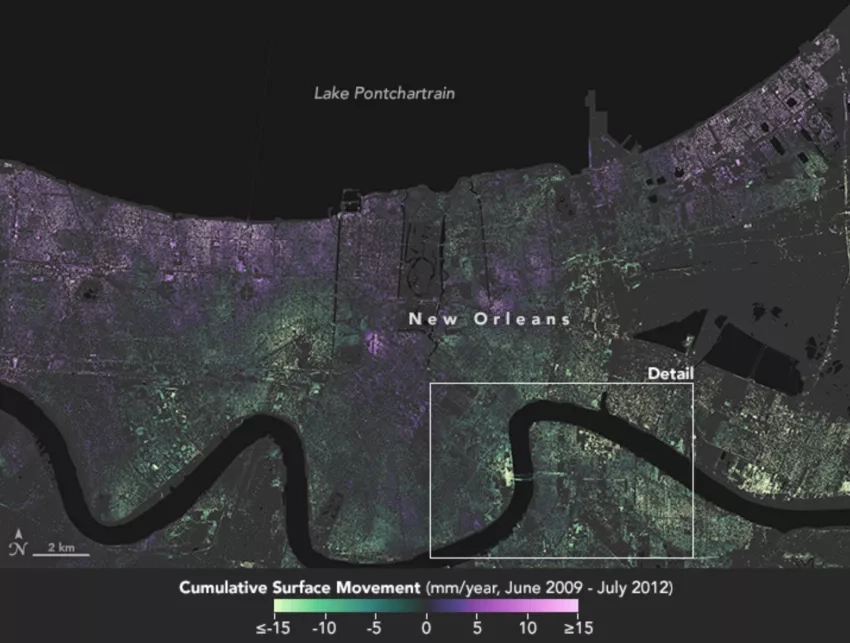 map of greater New Orleans area showing data on where the land is sinking