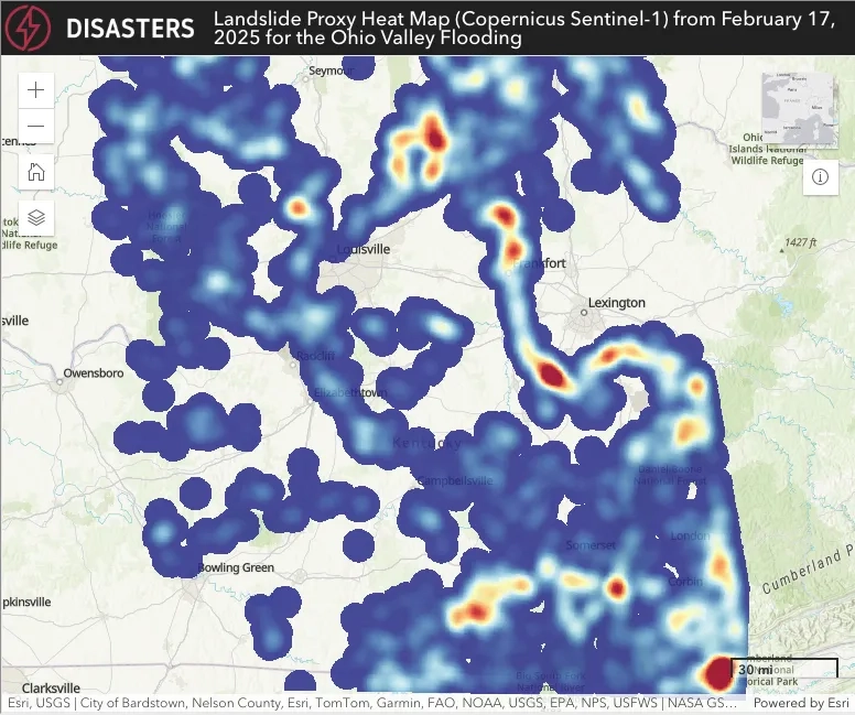 Landslide heat map from the Ohio River Valley