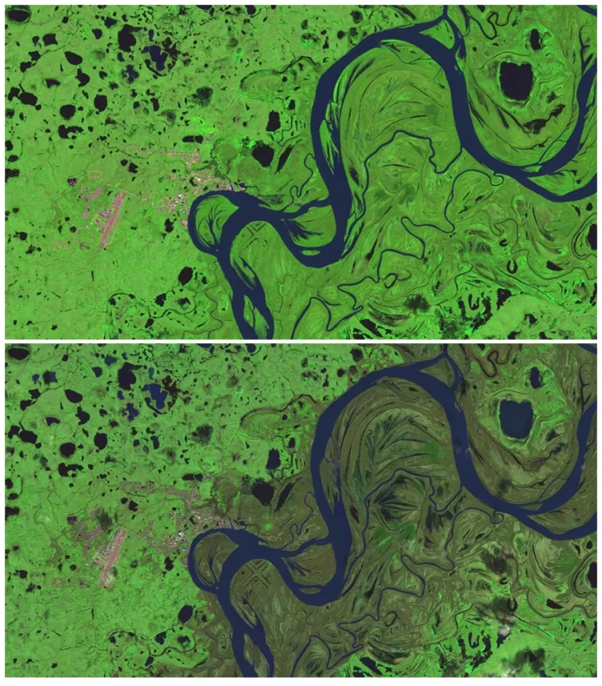 Before and after satellite imagery of flooding in Alaska. 