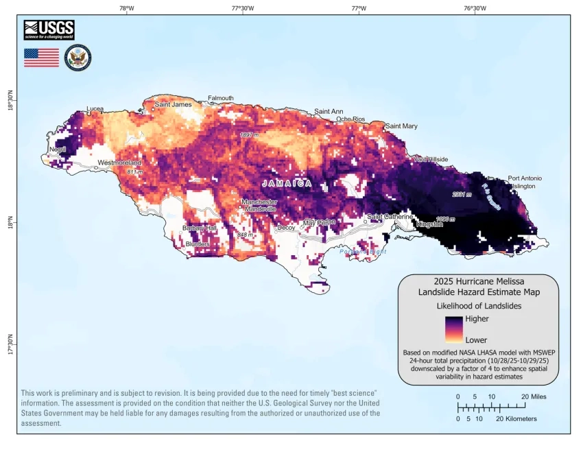 Map of potential landslide hazards in Jamaica following Hurricane Melissa. 