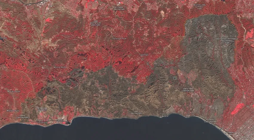 Sentinel-2A color infrared satellite imagery of the Palisades fire in Malibu, CA, from Jan. 12, 2025.