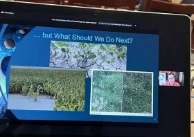 photo of a computer video conference in which a slide with text saying "What should we do next" is showing