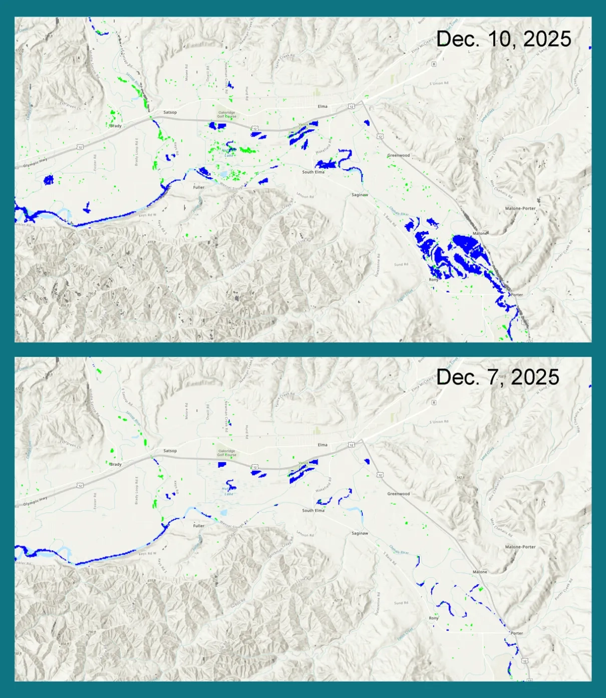 OPERA Dynamic Surface Water eXtent maps from Dec. 7, 2025, and Dec. 10, 2025, show potential flooded areas around Malone, WA, and other areas across western Washington State.